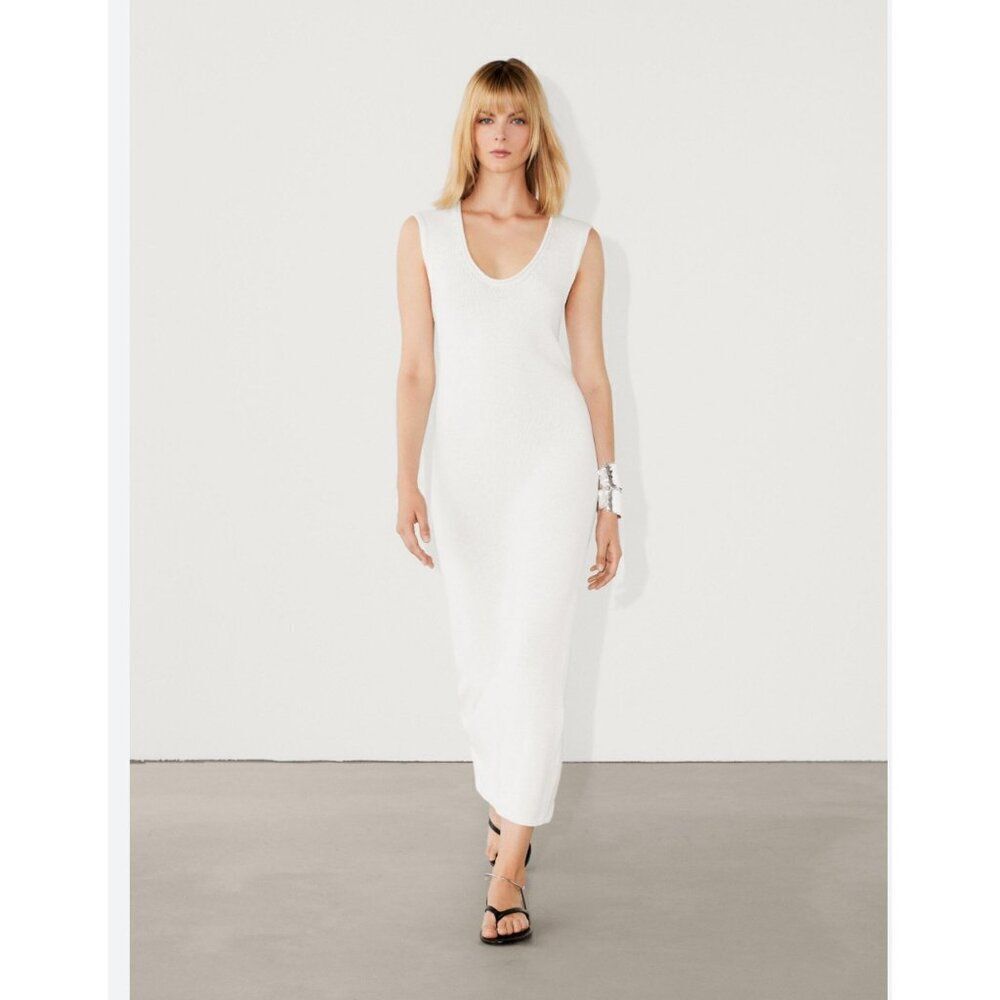 Massimo Dutti Women Midi Dress XS Cream V Neck Knit Slit Cotton 6600/530 NWT